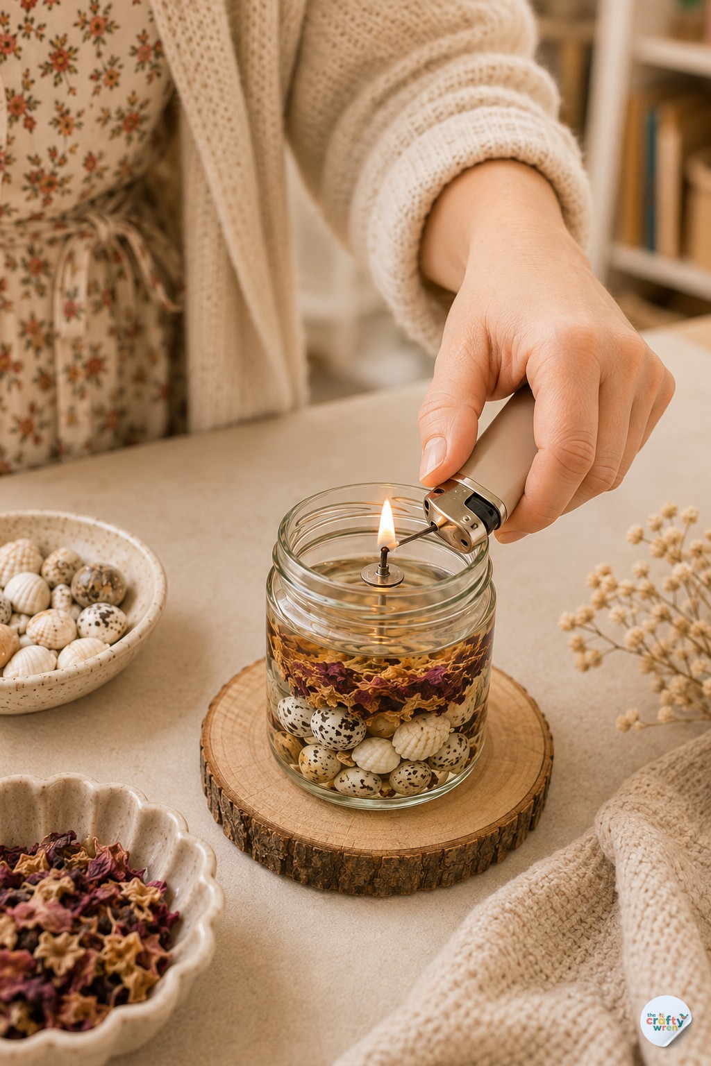 Wren lighting the wick of a finished DIY eternal candle jar with a small flame