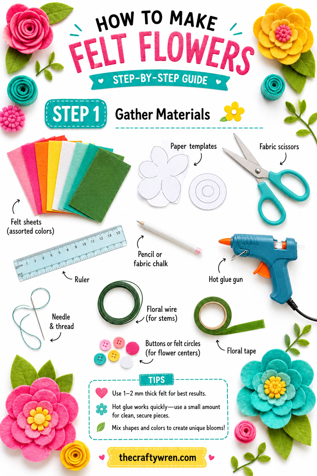Materials laid out for a diy felt flower wreath, including felt sheets, scissors, and a hot glue gun.