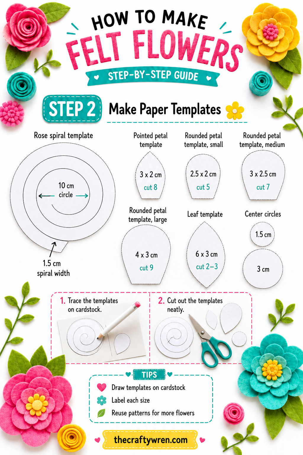 Paper templates for petals and leaves used to cut felt pieces for a diy felt flower wreath project.