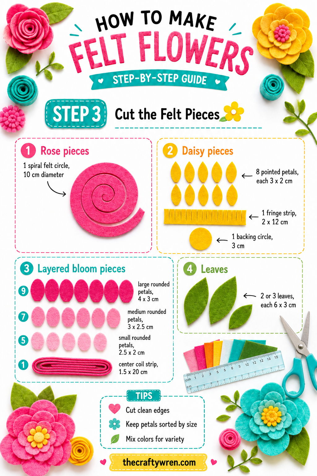 Felt pieces cut and sorted by size and color, ready to become the blooms of a diy felt flower wreath.