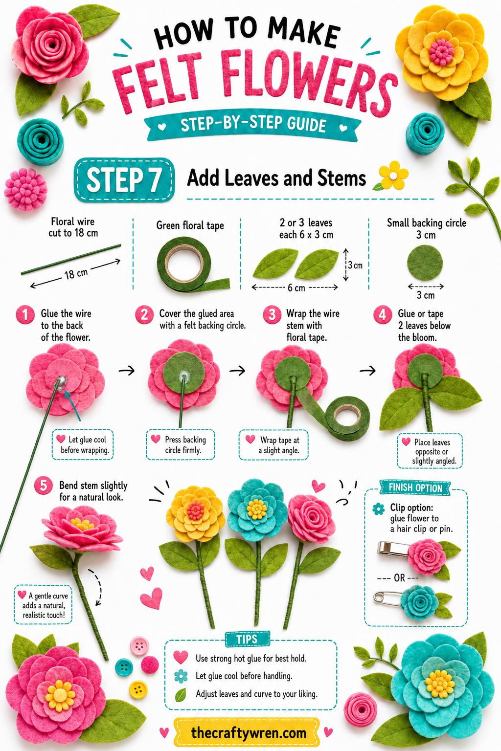 Wrapping floral wire with green tape to add a stem and leaves to a felt flower wreath bloom.