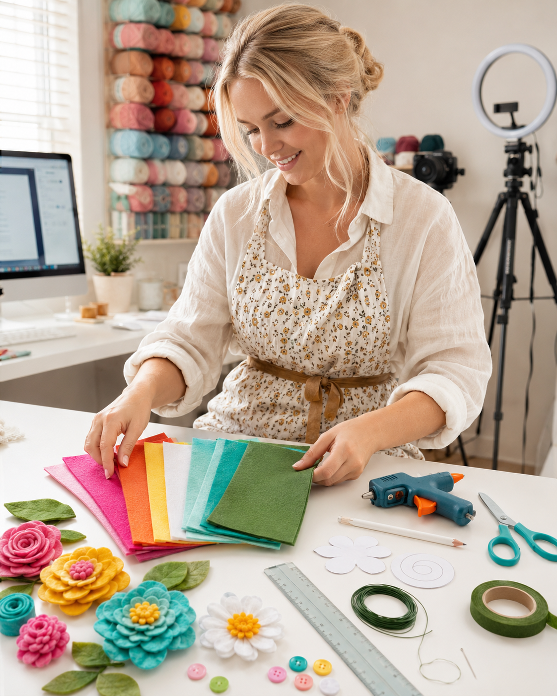 Wren Halloway arranging felt sheets and tools at her craft desk while making a diy felt flower wreath.