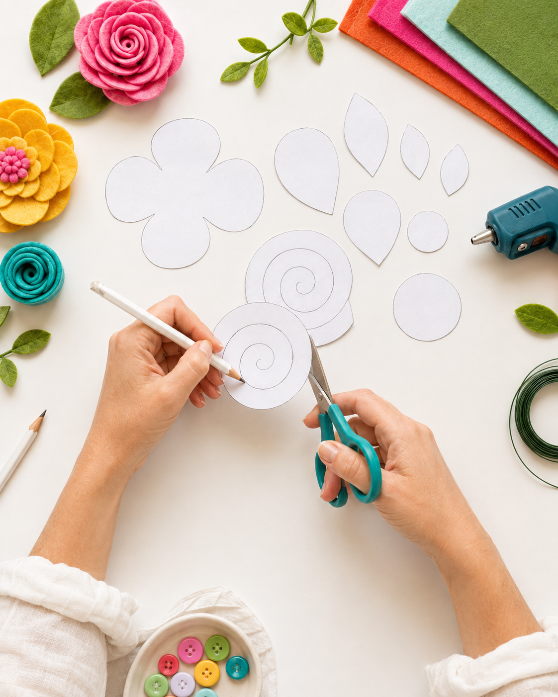 Hands tracing a spiral rose template and cutting petal shapes for a diy felt flower wreath at home.