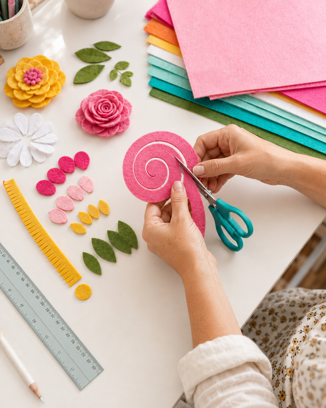 Cutting a pink felt spiral into a rose shape for a handmade diy felt flower wreath project.