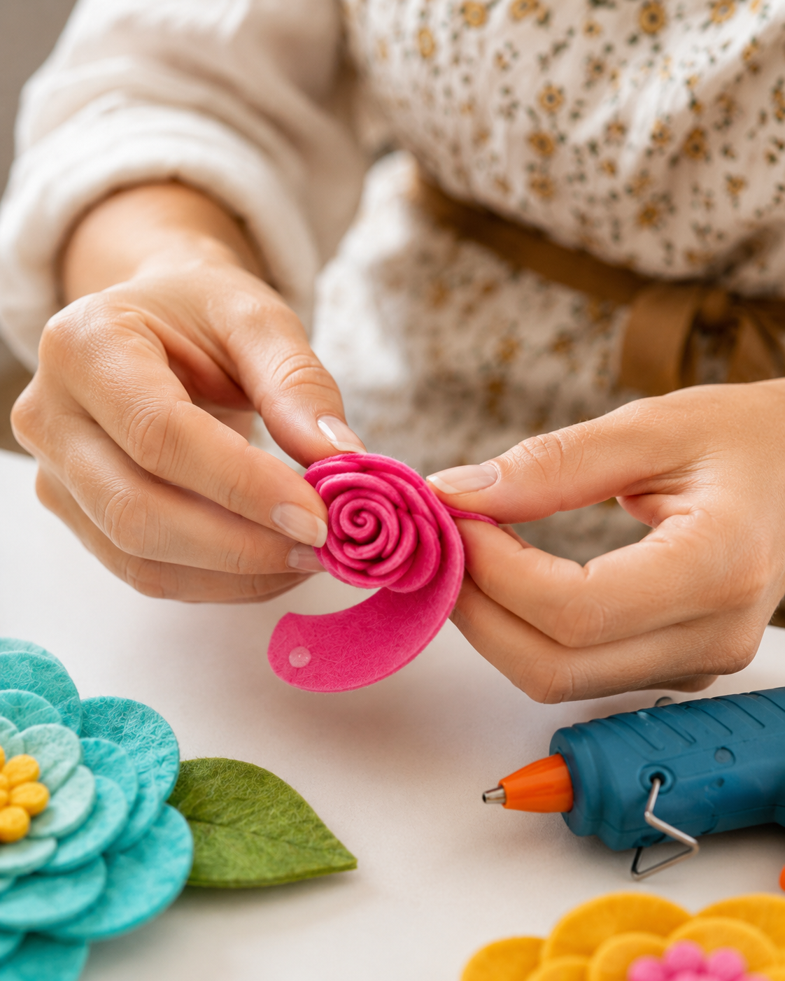 Close-up of hands rolling a pink felt spiral into a rose for a diy felt flower wreath tutorial.