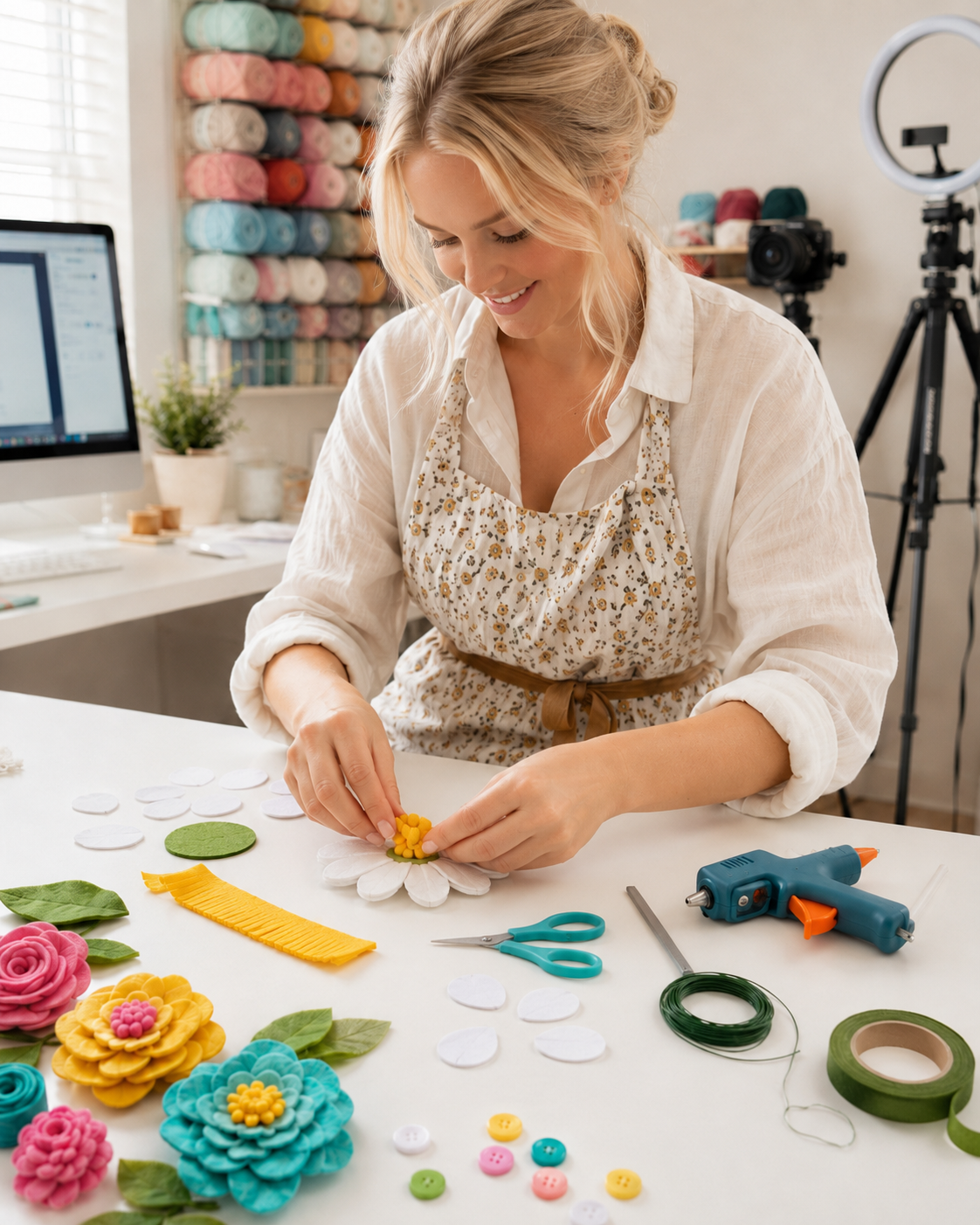 Assembling a yellow felt daisy flower with fringed center for a diy felt flower wreath at a craft desk.
