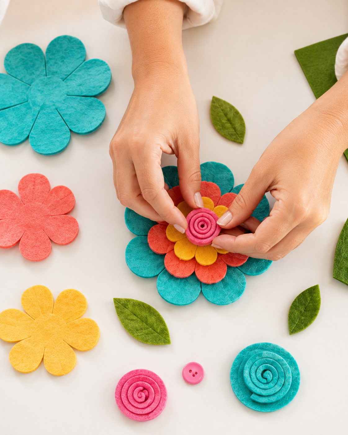 Layering teal, coral, and yellow felt petals to build a full bloom for a diy felt flower wreath.