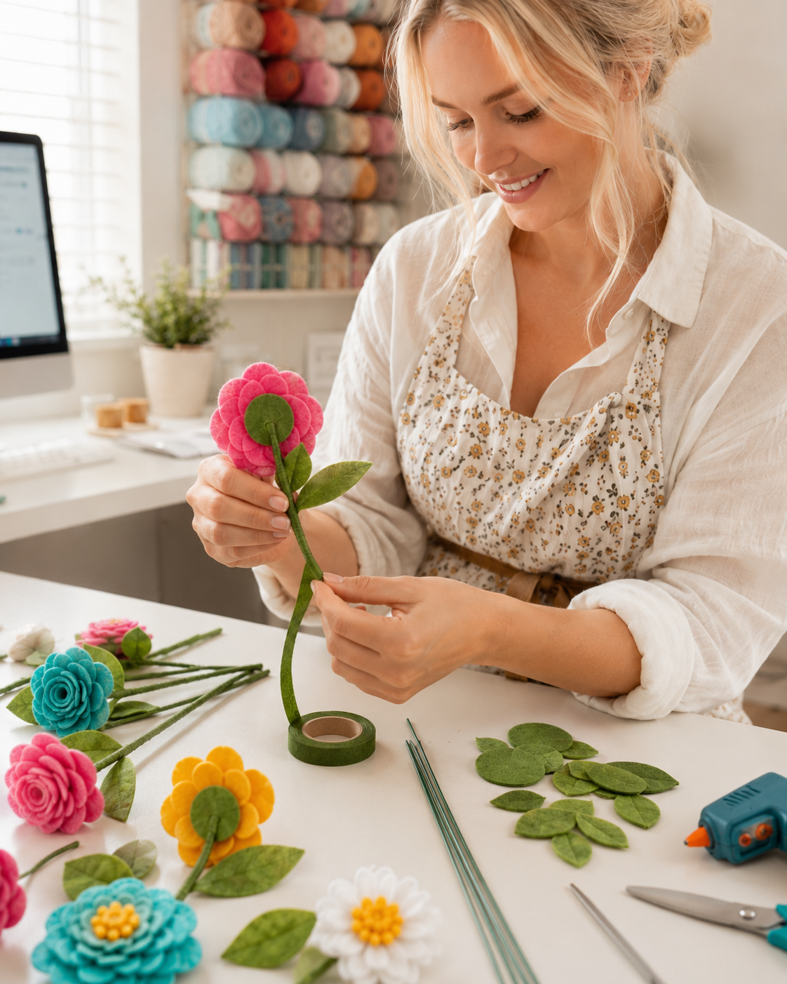 Wrapping green floral tape around a wire stem while adding leaves to a felt flower for a wreath.