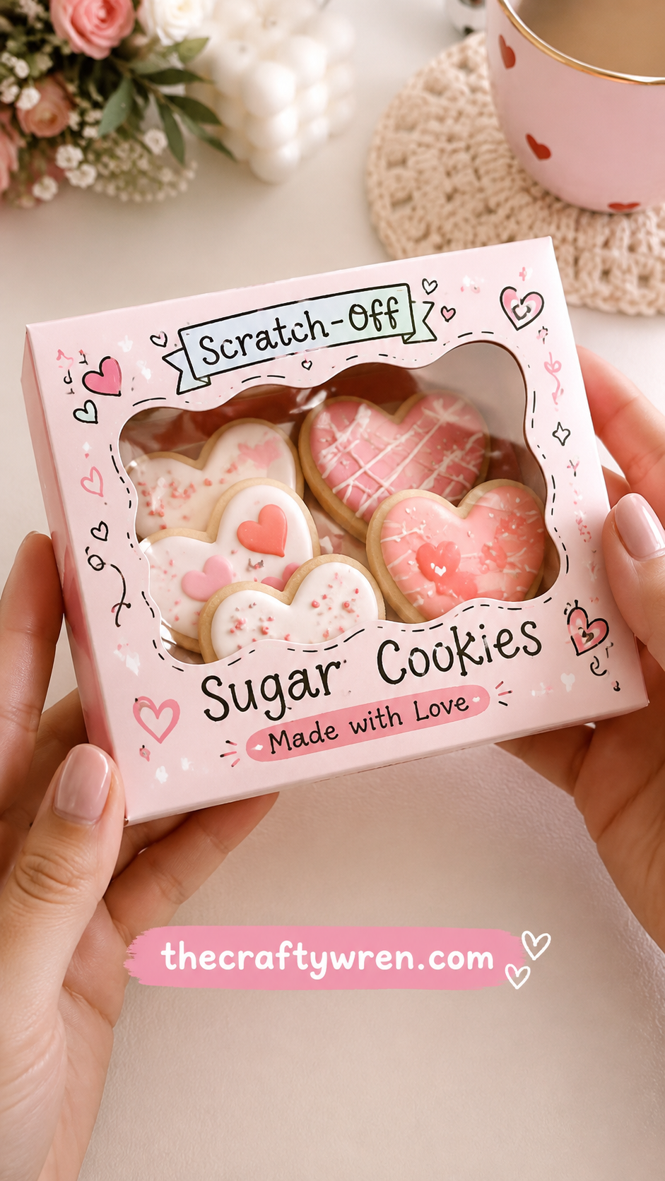 Scratch-off box of heart-shaped sugar cookies in pink icing, a sweet diy gift idea for boyfriend