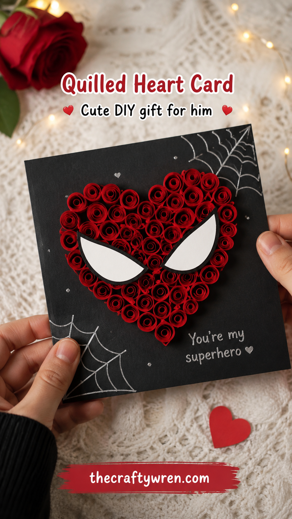 Quilled red heart card with a superhero mask design, a handmade diy gift for boyfriend who loves comics