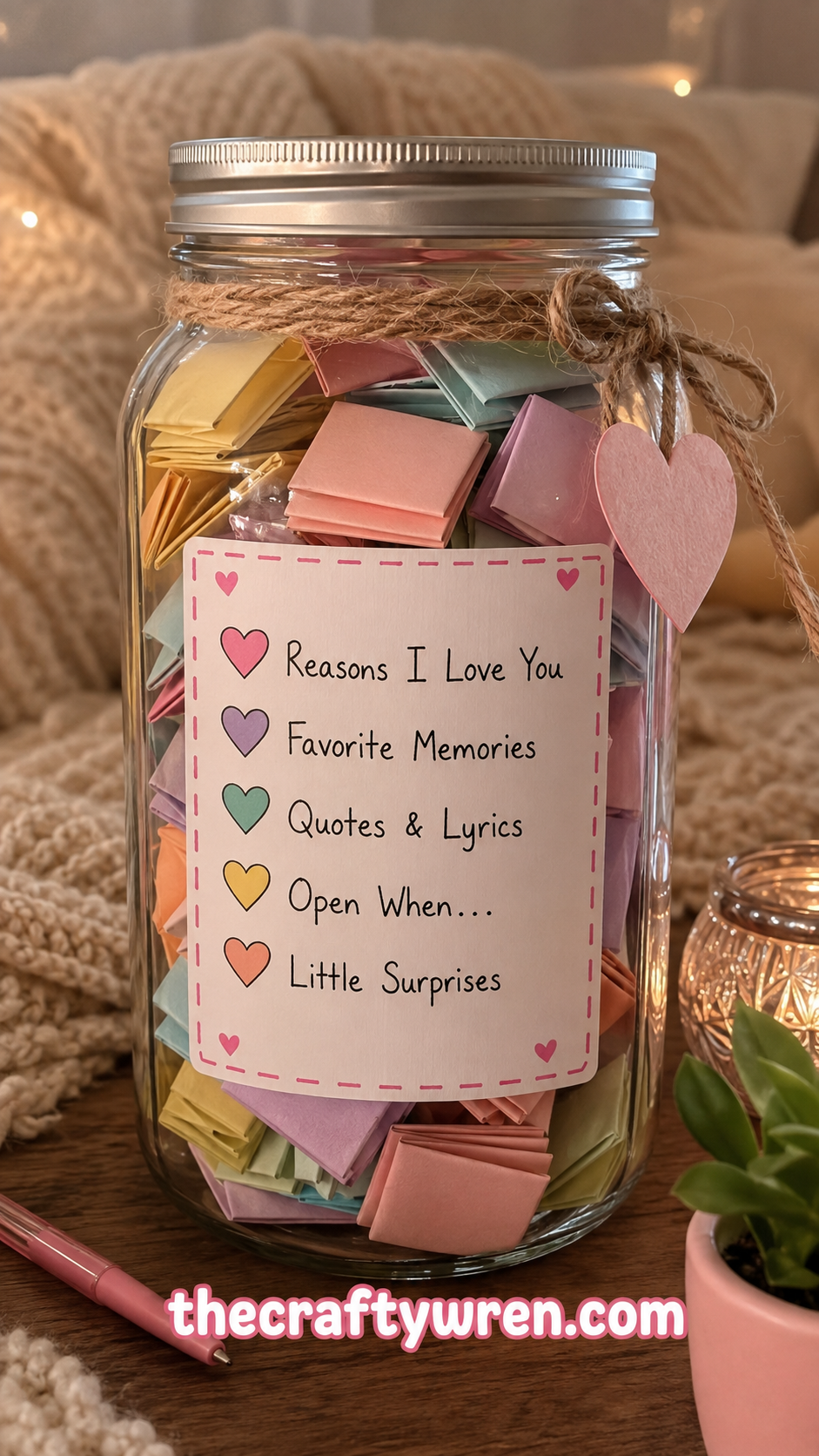 Mason jar filled with colorful folded notes labeled reasons I love you, a thoughtful diy gift for boyfriend