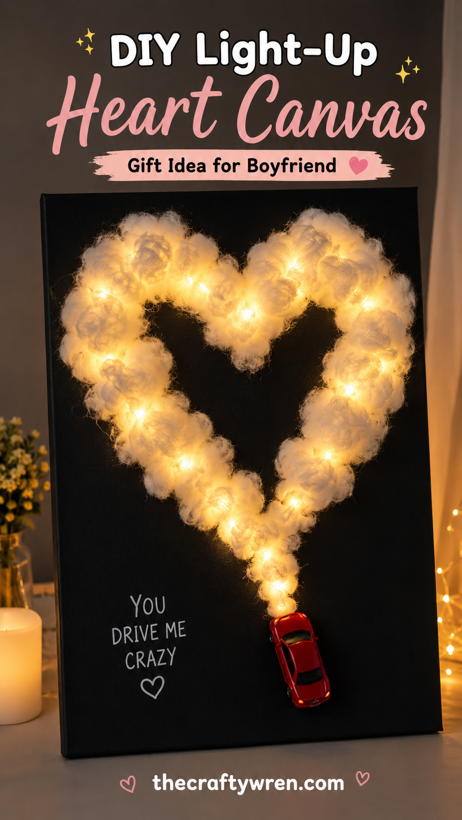 Light-up heart canvas glowing with fairy lights and a toy car, a cozy diy gift idea for boyfriend