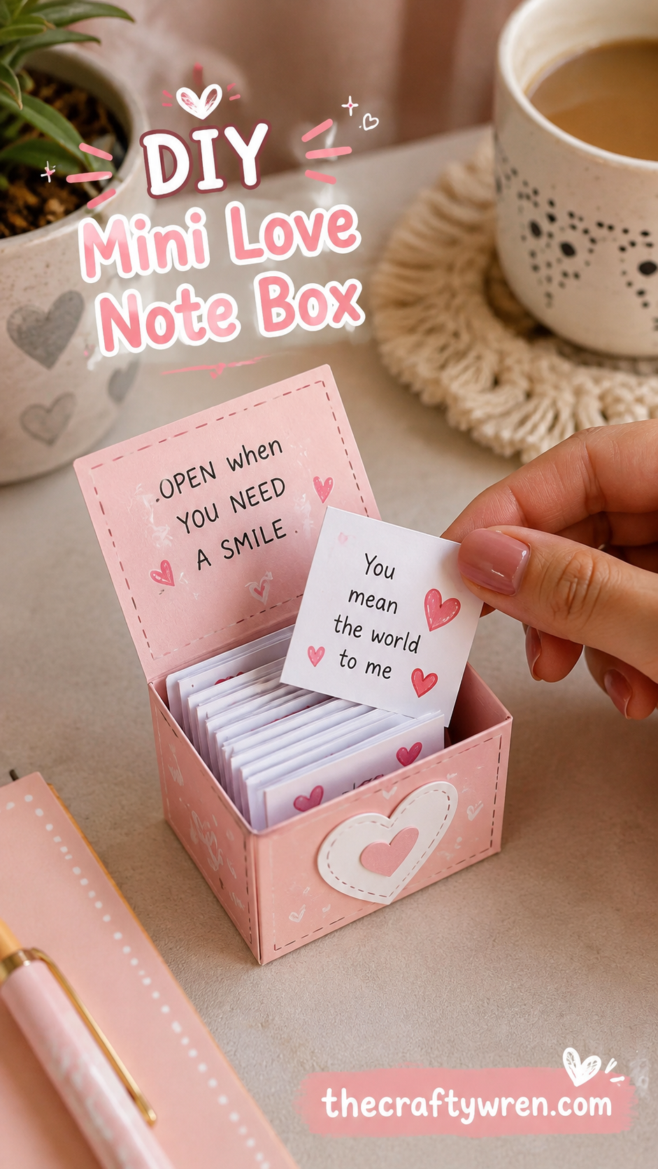 Mini pink love note box with a folded note reading you mean the world to me, a diy gift idea for boyfriend