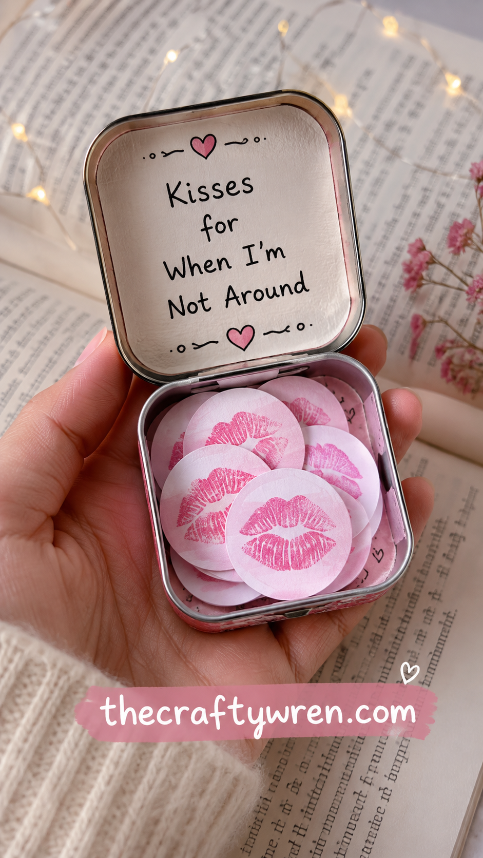 Small tin holding pink lipstick kiss tokens labeled kisses for when I'm not around, a diy gift for boyfriend