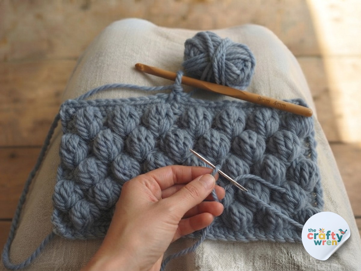 Weaving in the final yarn tail on the nearly finished panel of the easy textured crochet blanket.