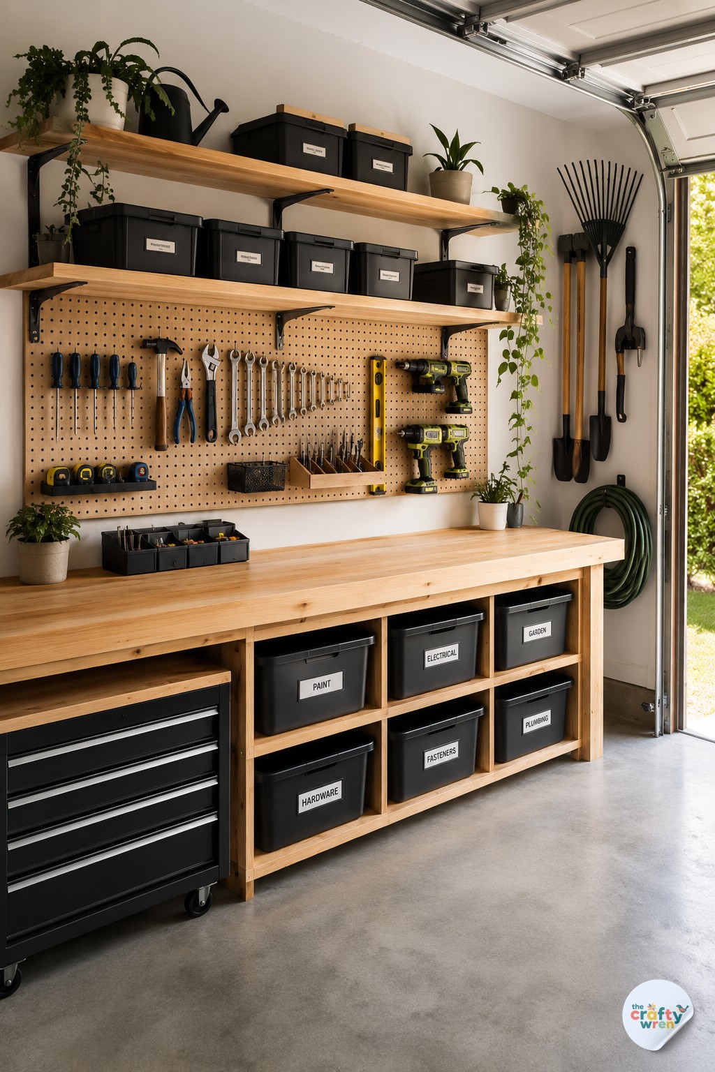 Wall-mounted pegboard and labeled tote shelving forming a full garage storage command center