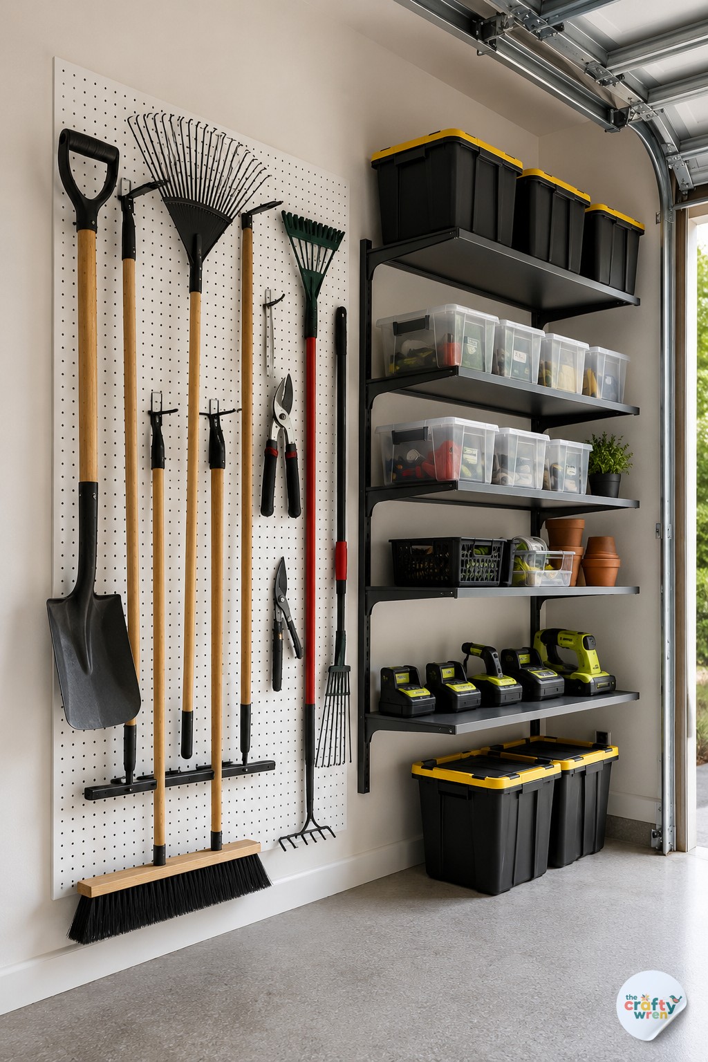 Vertical garden tool wall paired with adjustable shelf garage storage for bins and batteries