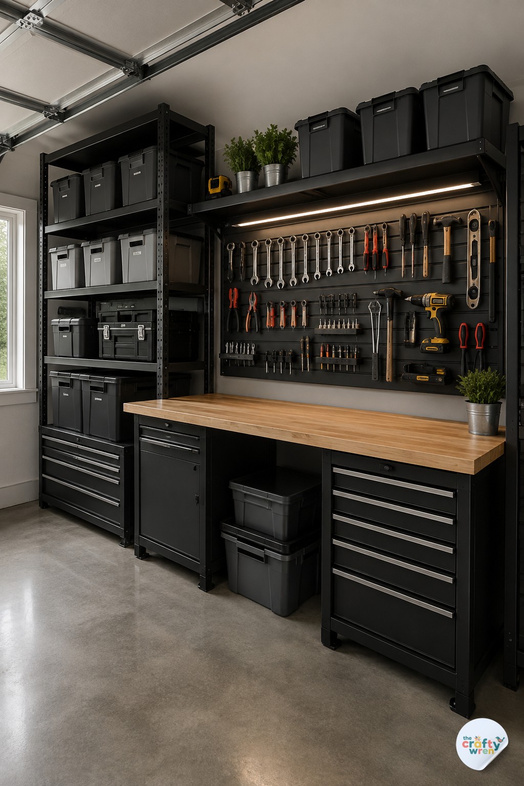Modular black metal shelving with lit pegboard delivering sleek matching garage storage