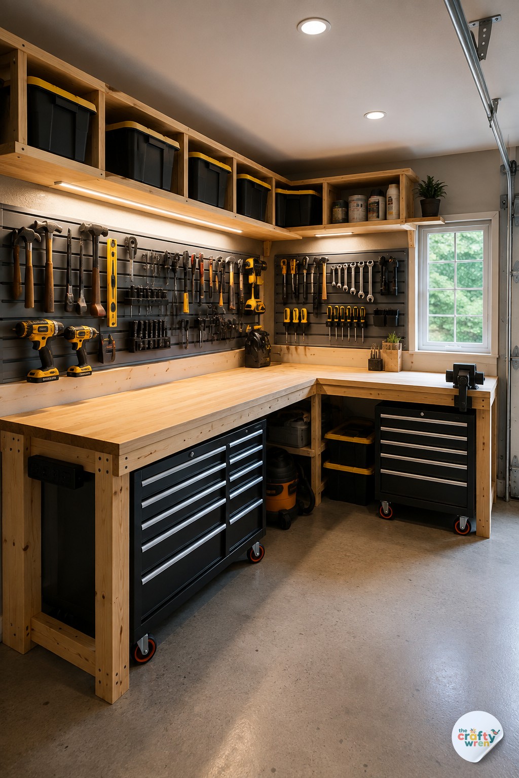 L-shaped workbench with pegboard and cabinets creating a complete garage storage workshop