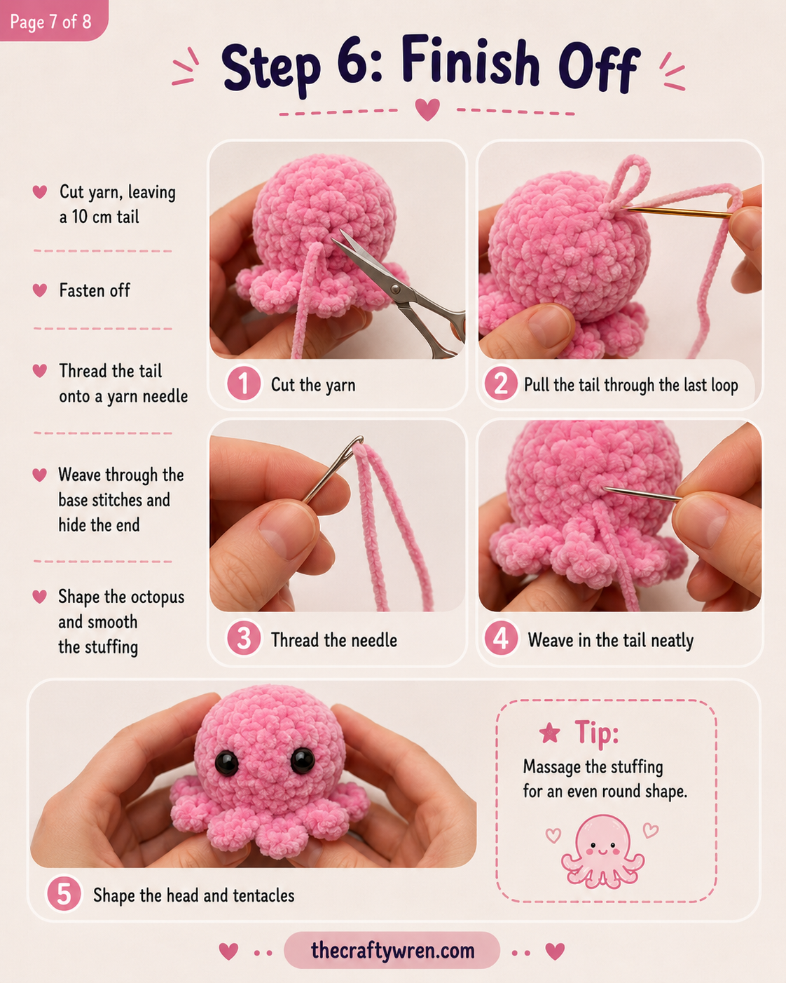 Weaving in the yarn tail to finish the mini octopus crochet tutorial neatly