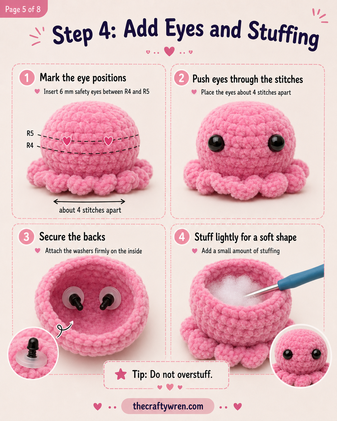 Safety eyes and light stuffing being added to the plush head in this crochet tutorial