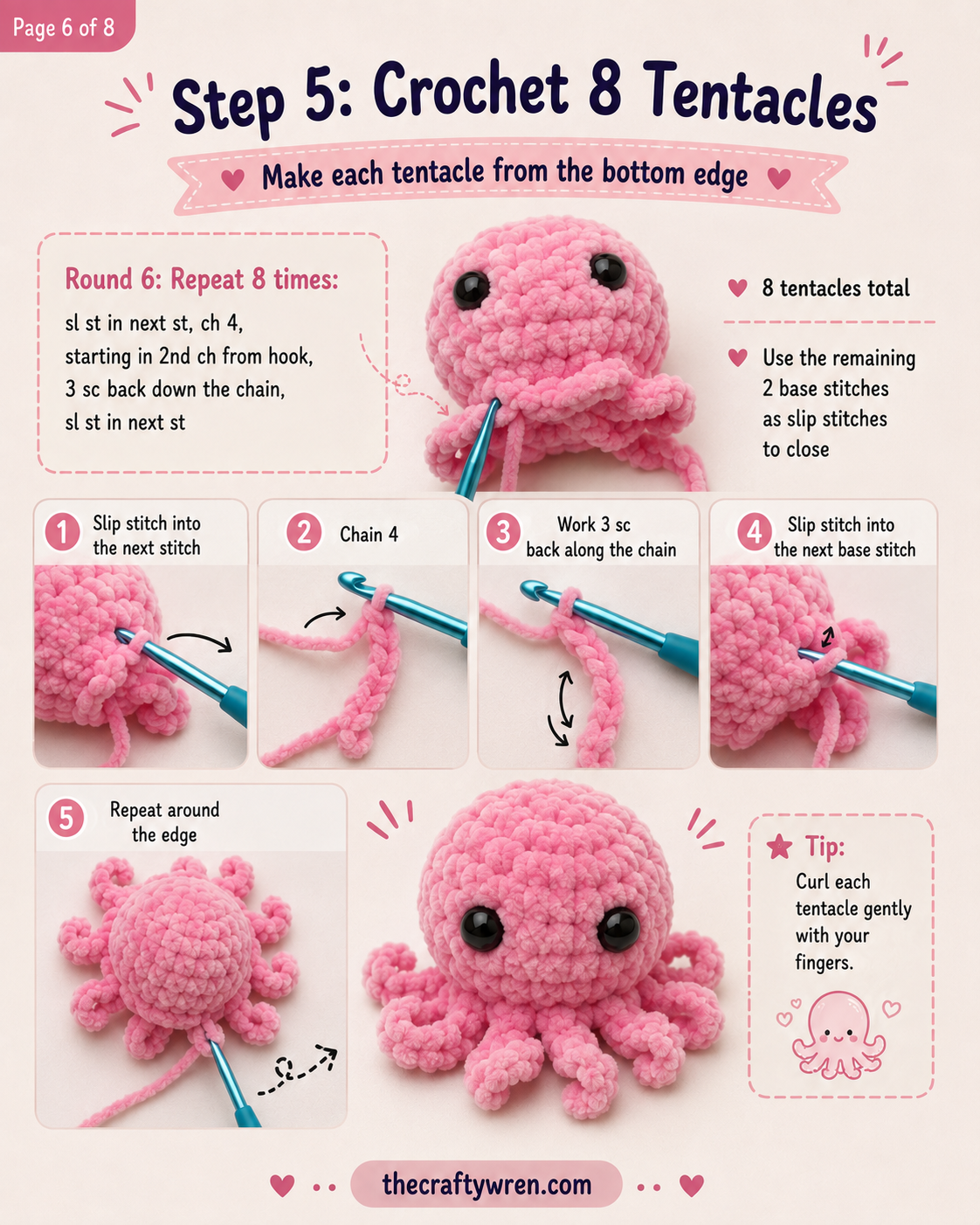 Crocheting curled tentacles around the base in the mini octopus crochet tutorial