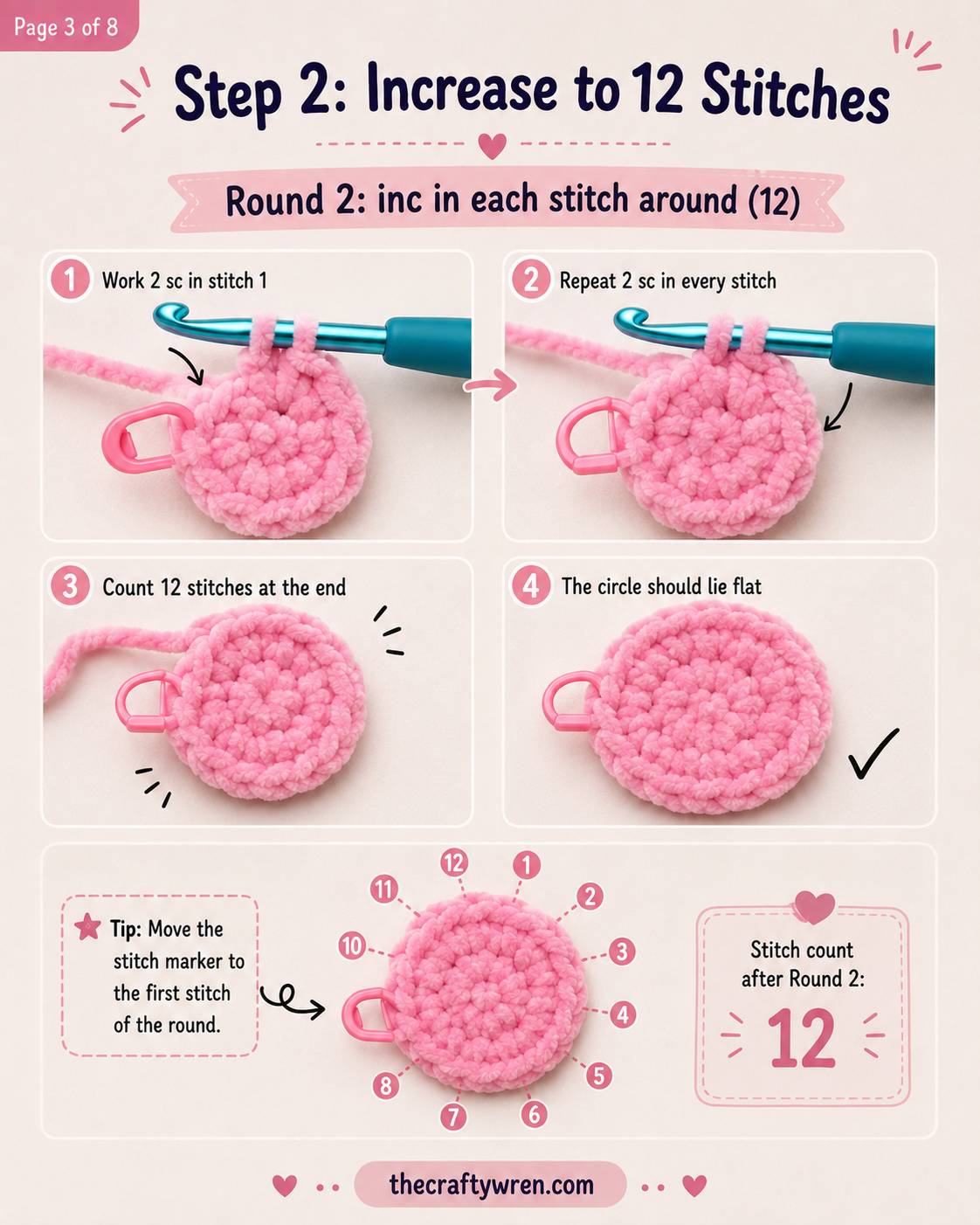 Increasing stitches into a flat pink circle during the mini octopus crochet tutorial