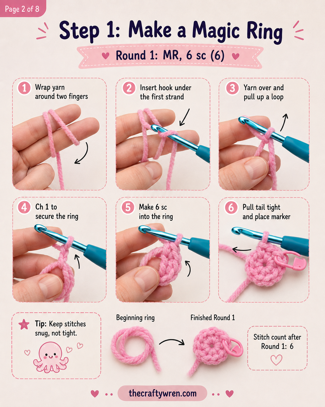Hands forming a magic ring, the first step of the mini octopus crochet tutorial