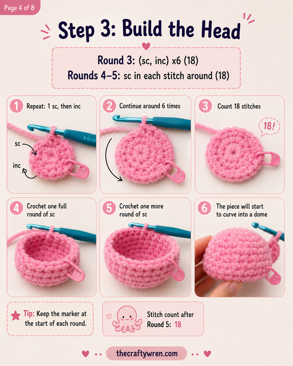 Domed crochet head taking shape mid-way through the mini octopus crochet tutorial