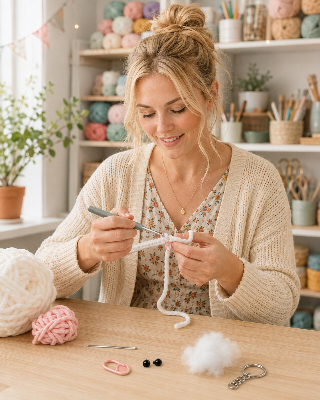 Woman crocheting the start of a no-sew bunny keychain amigurumi with plush white yarn on a wooden table