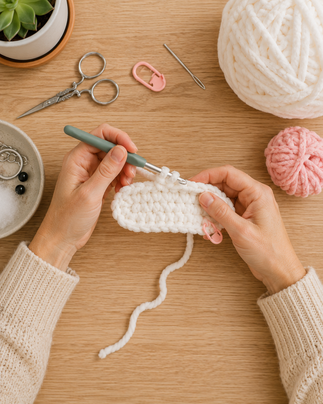 Close-up top-down view of hands flattening the crocheted edge for bunny keychain amigurumi ears