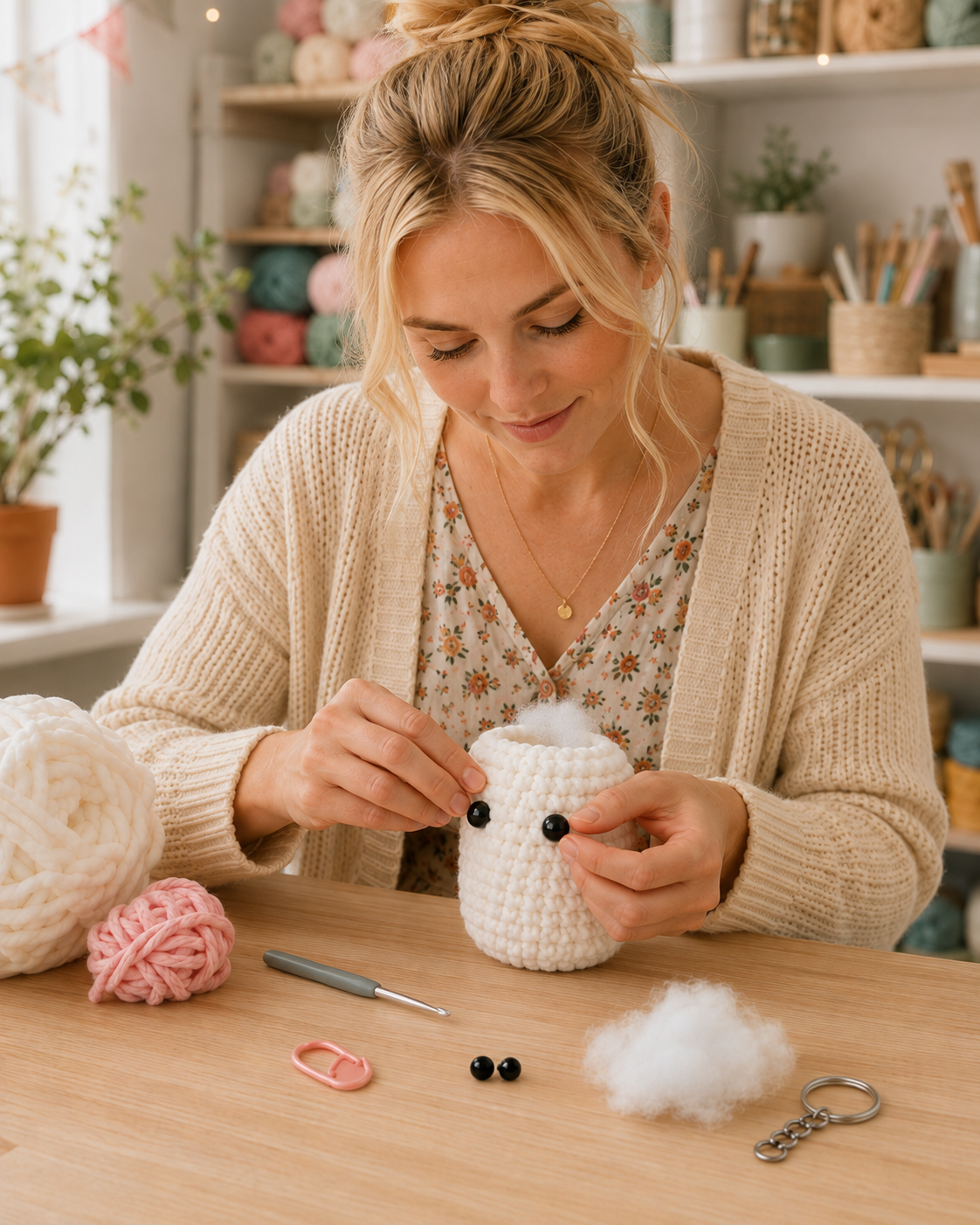 Crafter positioning black safety eyes on a bunny keychain amigurumi body before final attachment