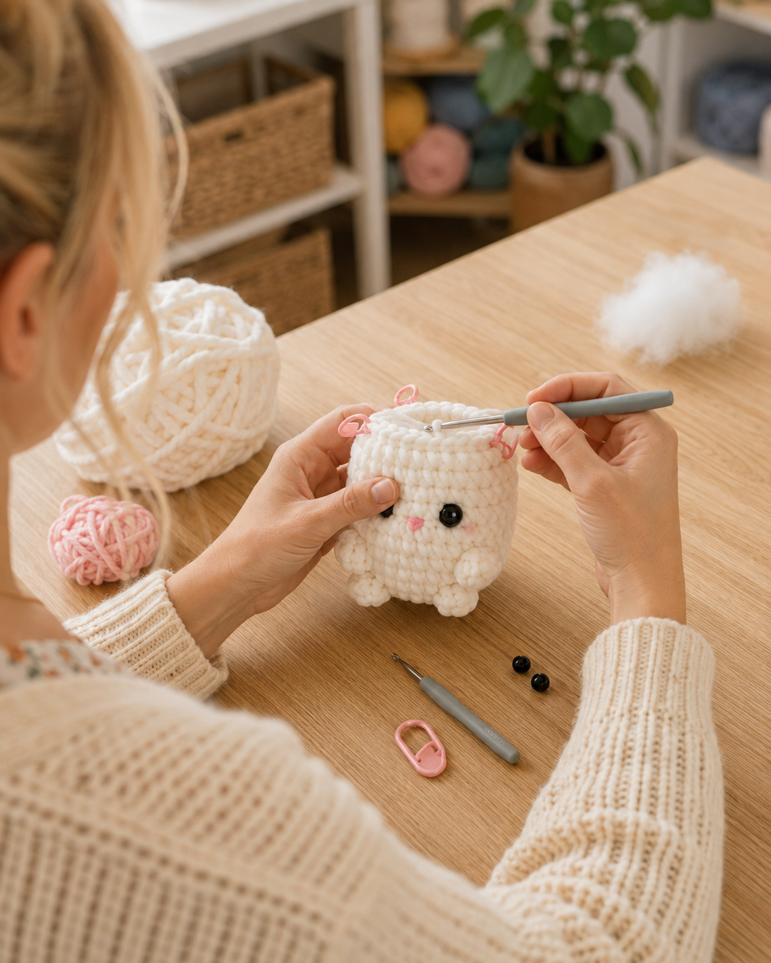 Overhead view of a partially finished no-sew bunny keychain amigurumi held in crafter's hands