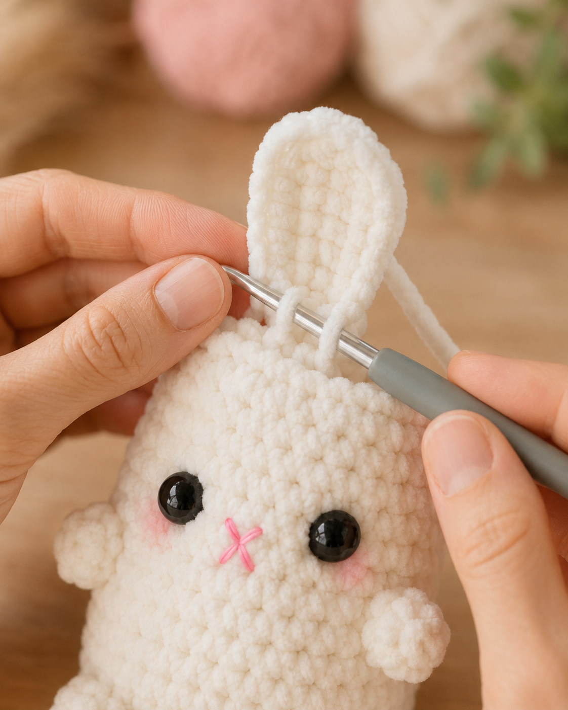 Extreme close-up of crocheting an ear directly onto a no-sew bunny keychain amigurumi head
