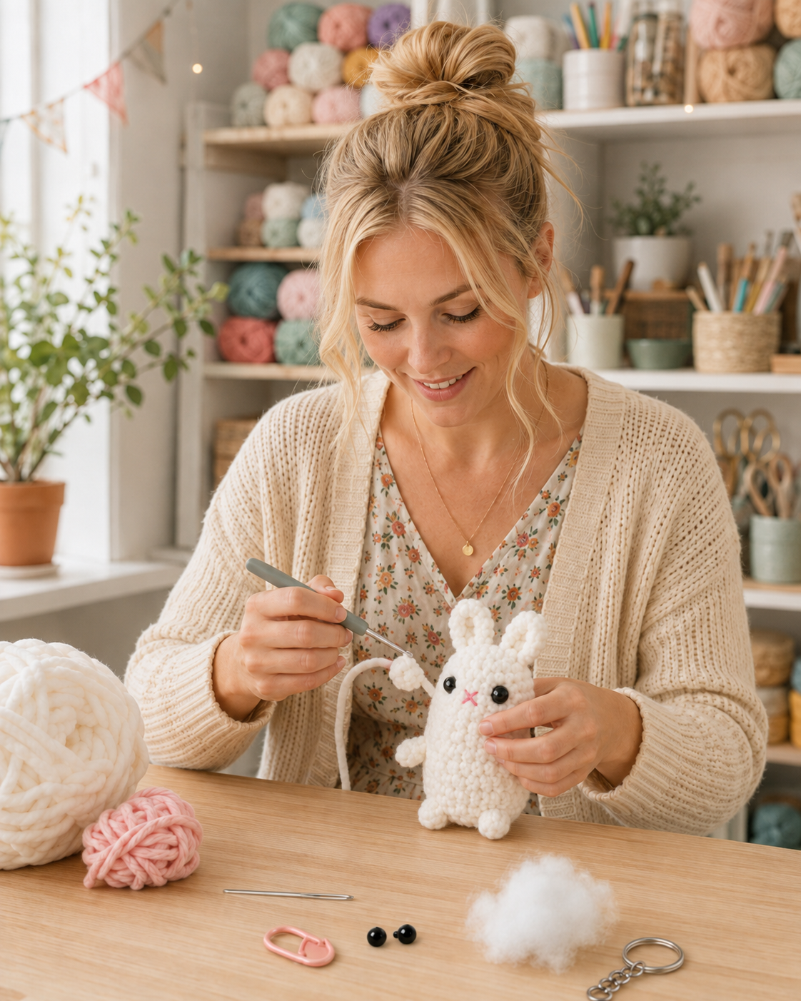 Crafter admiring the embroidered nose on a nearly finished bunny keychain amigurumi