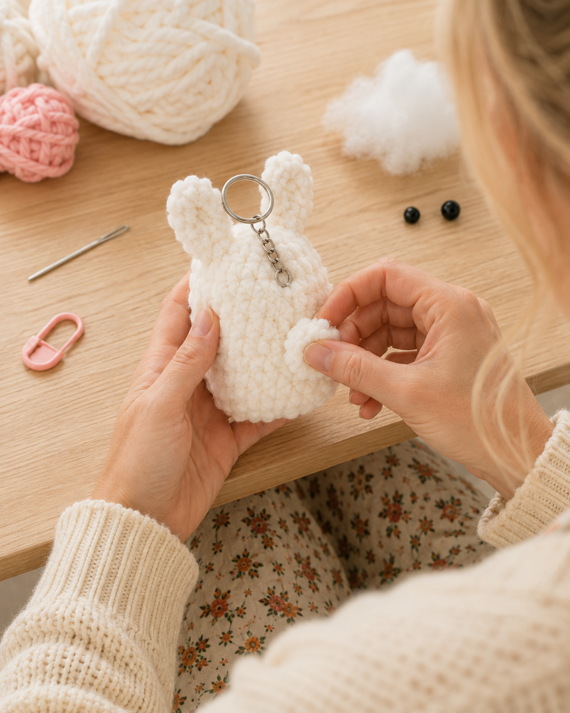 Hands attaching a metal keychain loop to a finished no-sew bunny keychain amigurumi