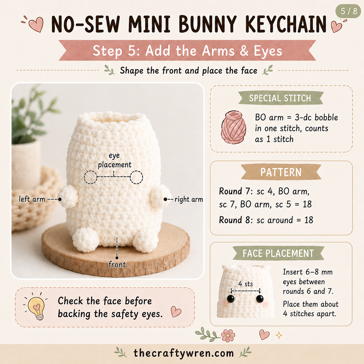 Bunny keychain amigurumi body showing bobble arms and safety eye placement between rounds six and seven