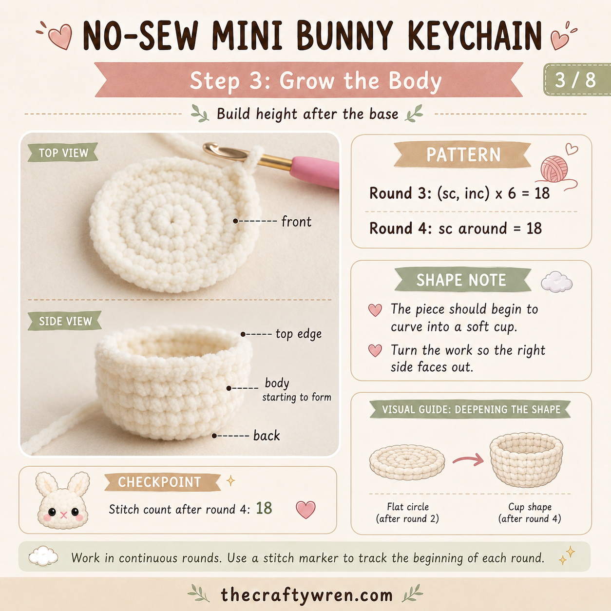 Top and side view of the crocheted base curving into a cup shape for the bunny keychain amigurumi body