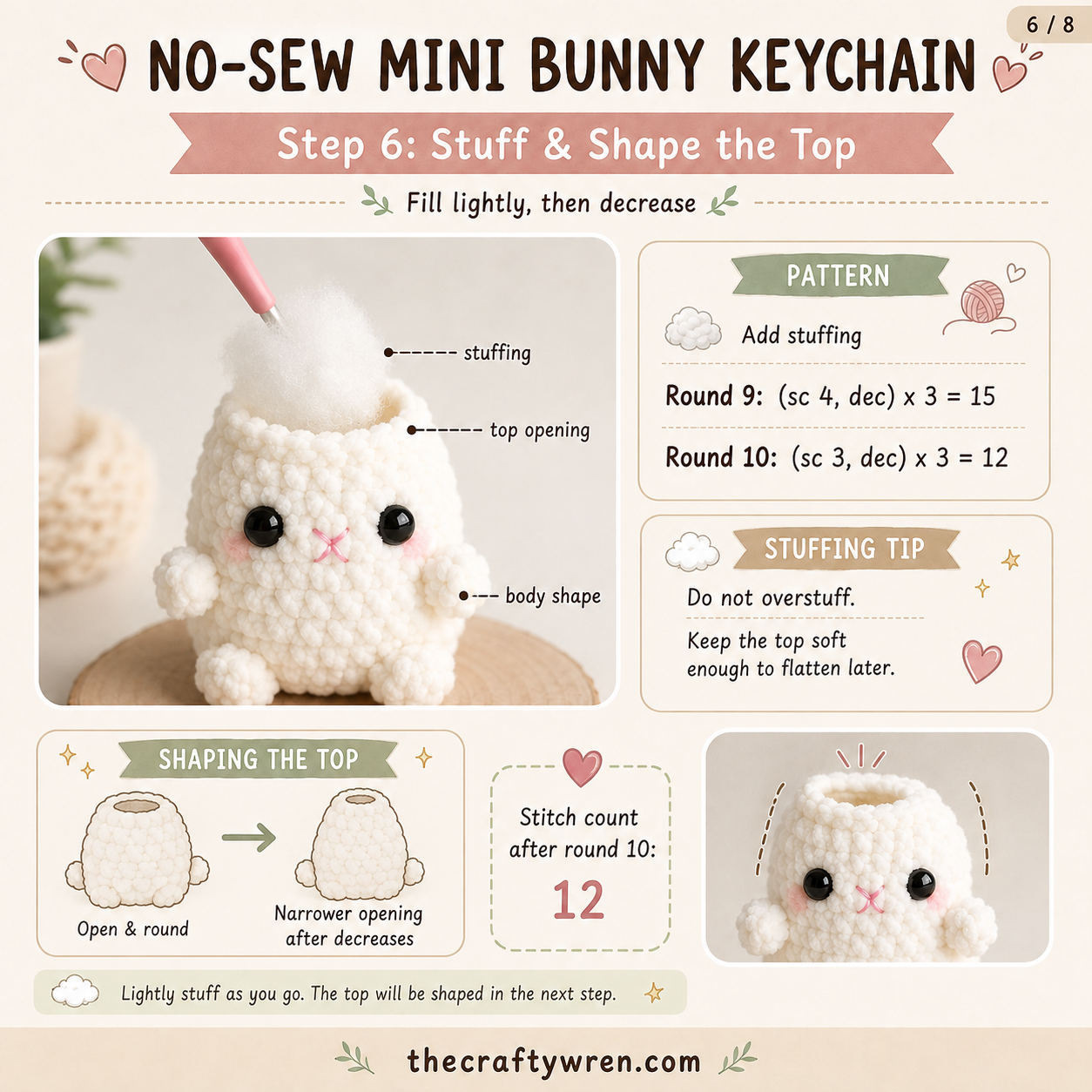 Stuffing being added to the top opening of a no-sew bunny keychain amigurumi before shaping the head