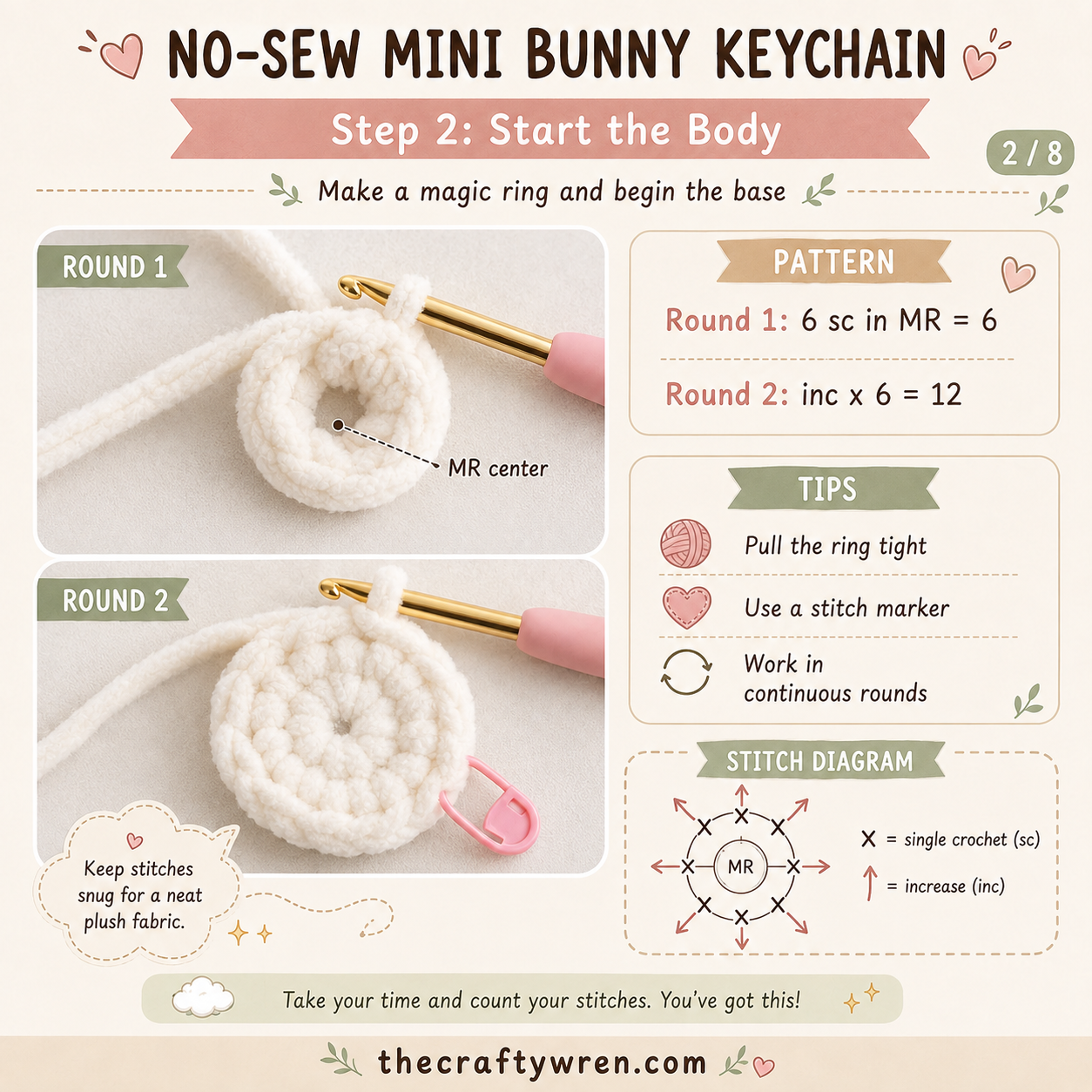 Hands crocheting the magic ring and first two rounds of a no-sew bunny keychain amigurumi body