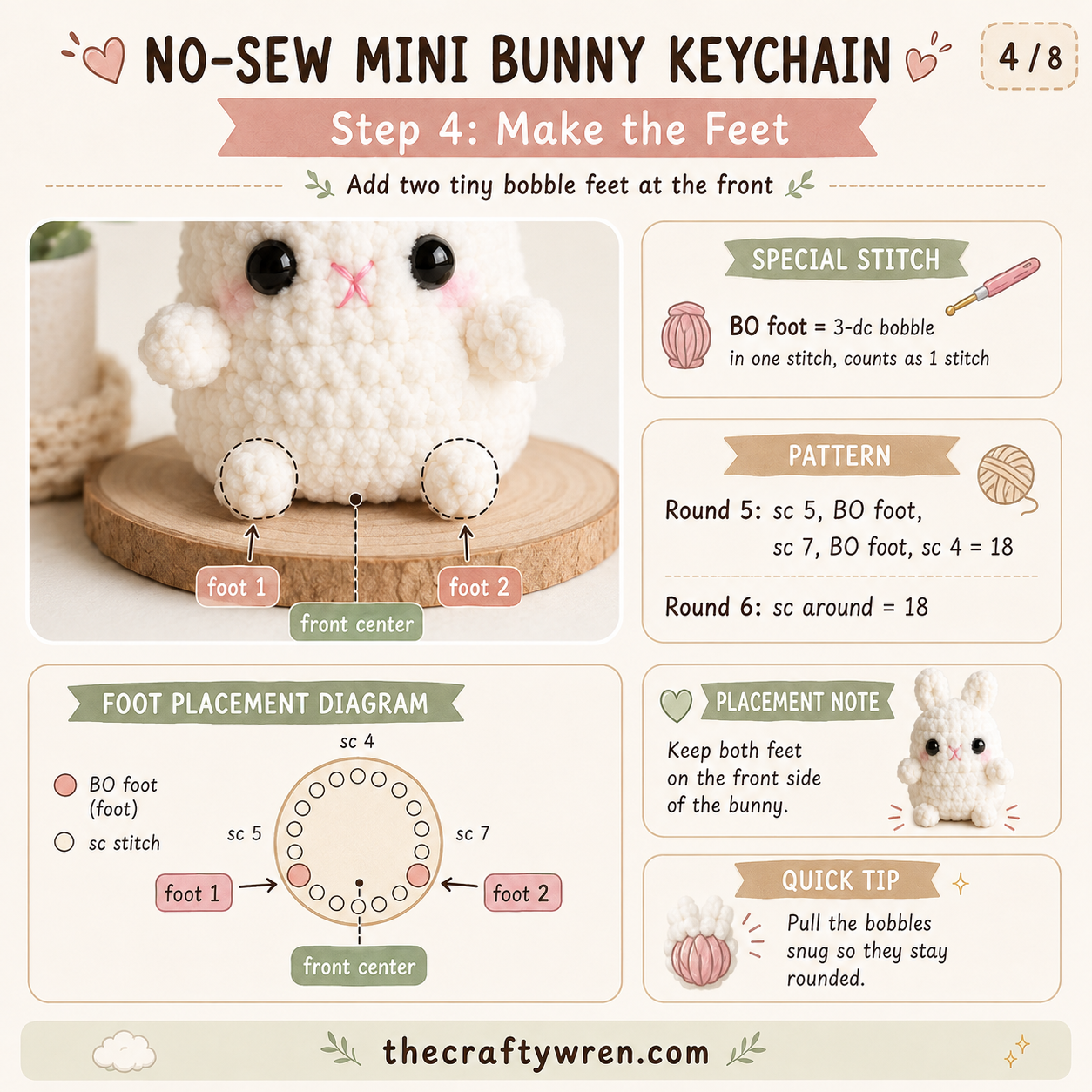 Close-up of tiny bobble feet added to the front of a no-sew bunny keychain amigurumi body