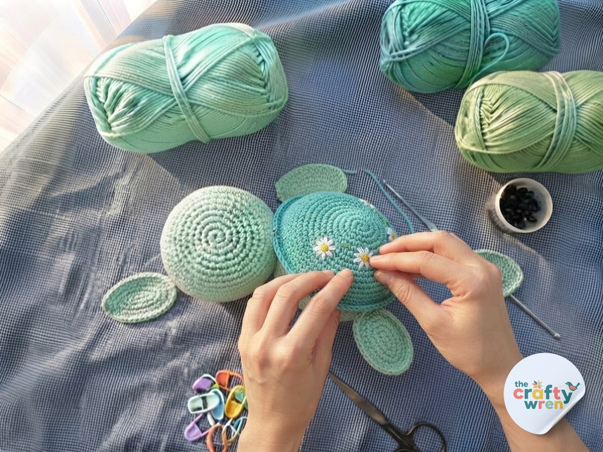 Slip-stitch joining head, flippers, and shell with eyes and daisy stitching on the sea turtle plushie