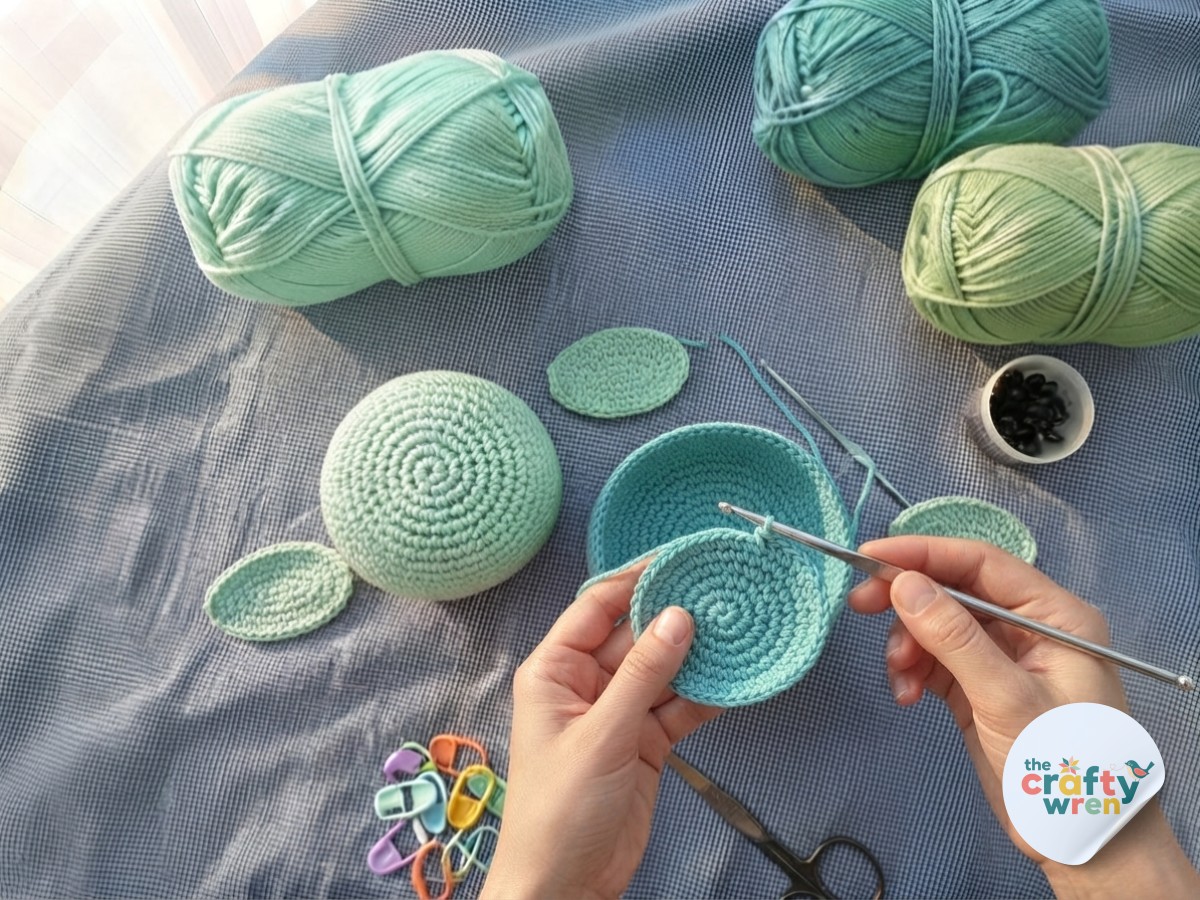 Teal shell taking shape in spiral rounds for the crochet sea turtle plushie's rounded back