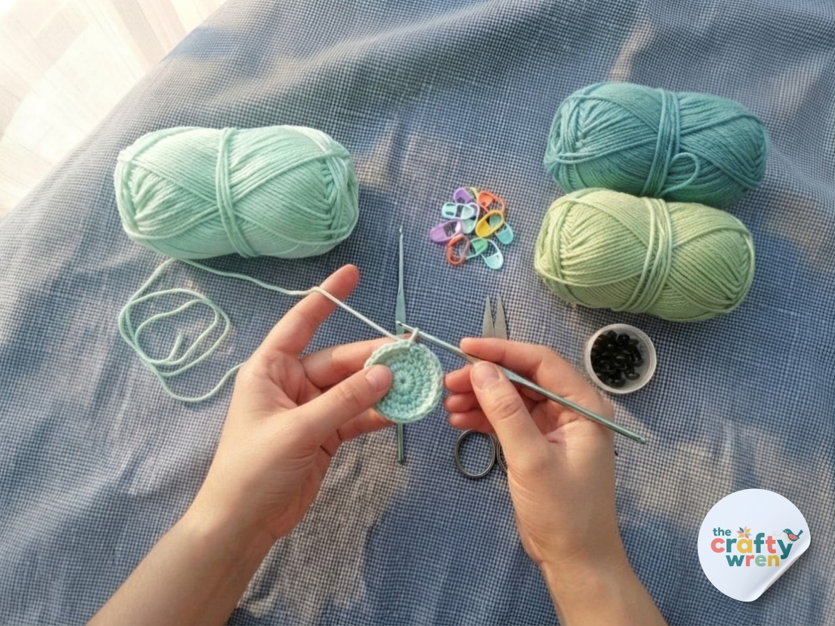 Hands crocheting the mint magic ring that begins the head of this crochet sea turtle plushie