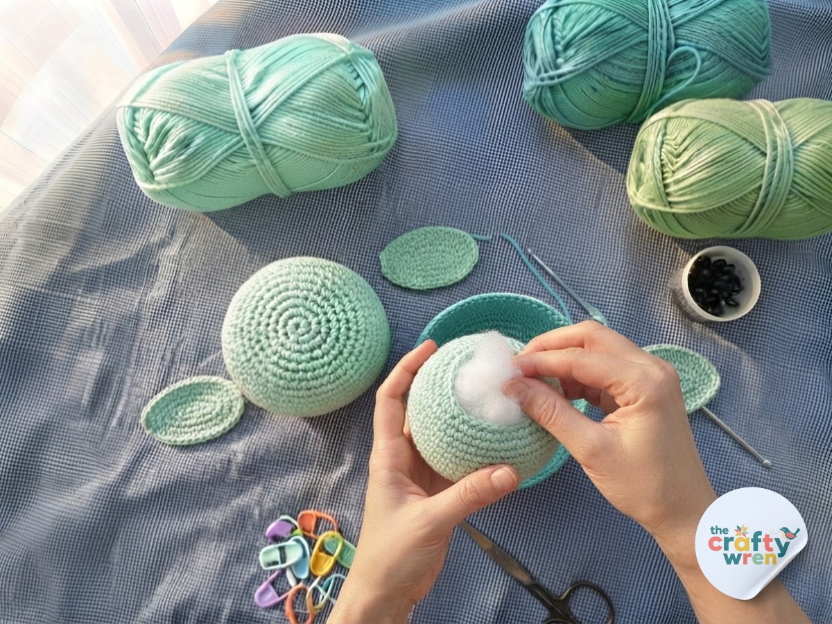 Stuffing being pressed into the mint body piece before assembling the crochet sea turtle plushie