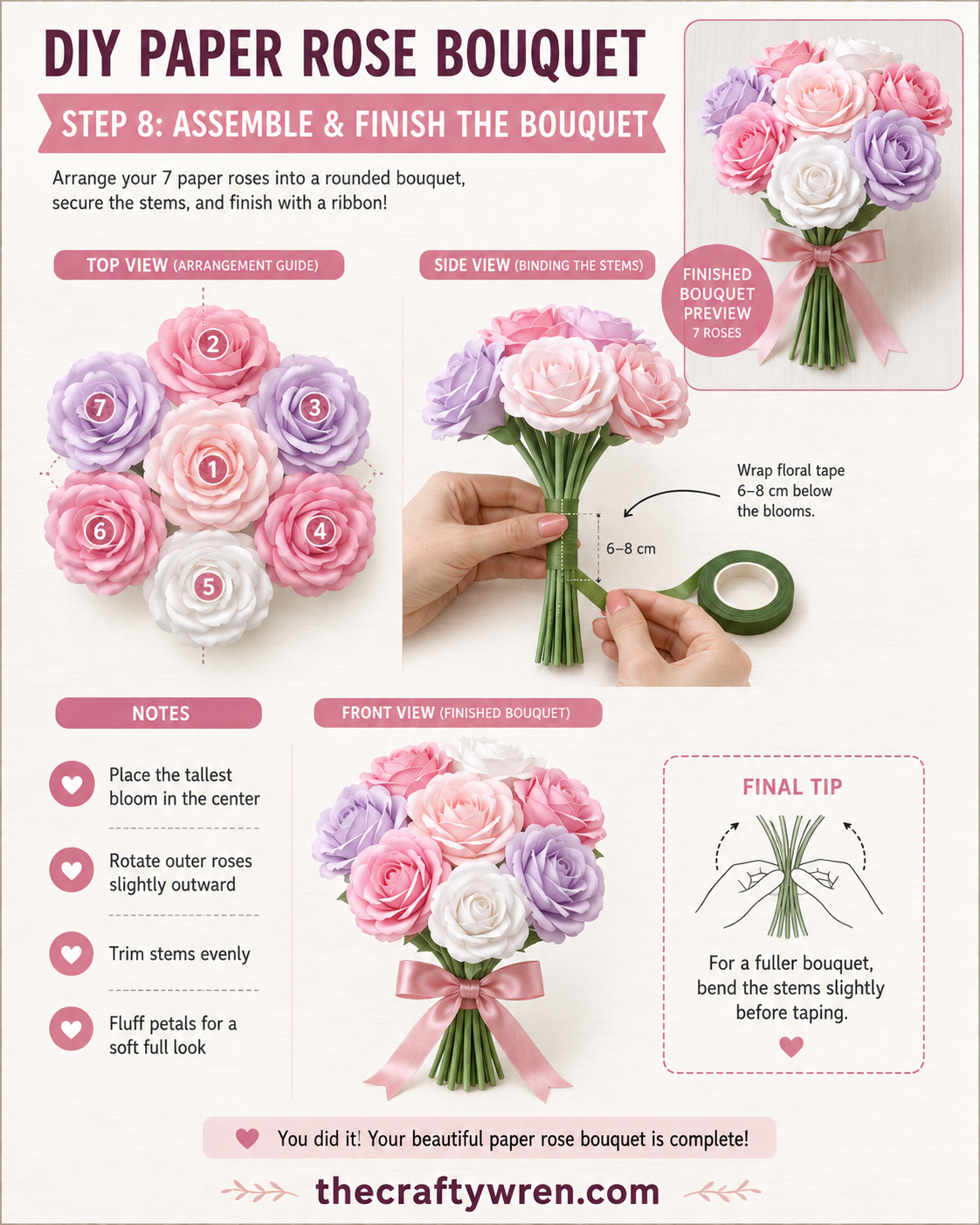 Finished paper rose bouquet DIY tied with a pink ribbon and wrapped stems shown from the front