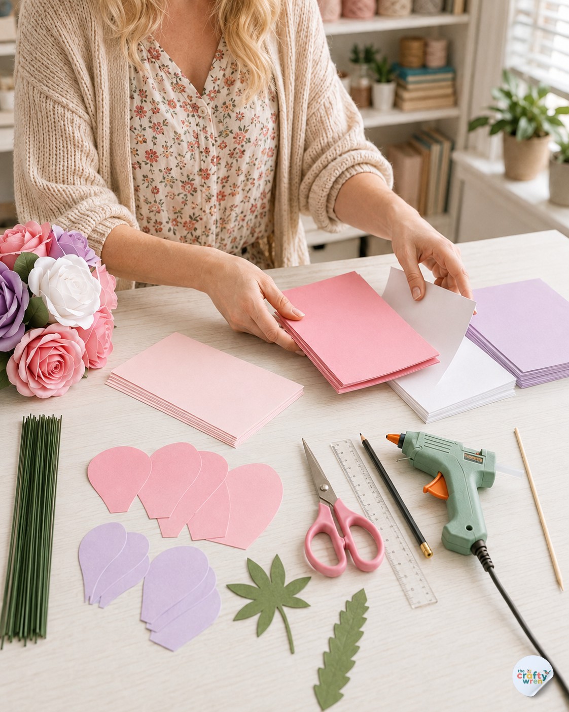 Woman sorting pink and lilac cardstock sheets on a craft table for a paper rose bouquet DIY