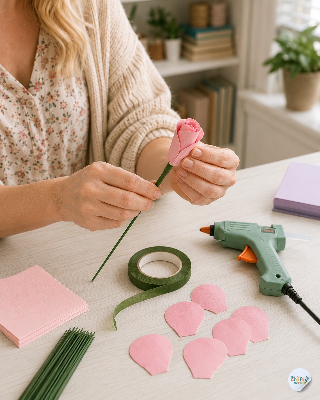 Gluing a paper rose bud onto a floral wire stem using a hot glue gun in a home craft studio