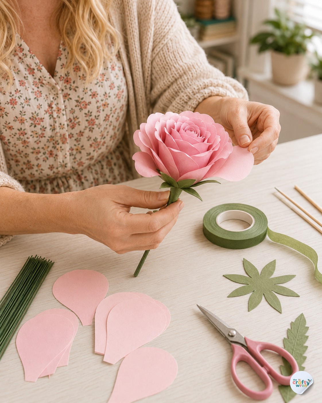 Finished pink paper rose held in hand beside floral tape and skewers on a craft table