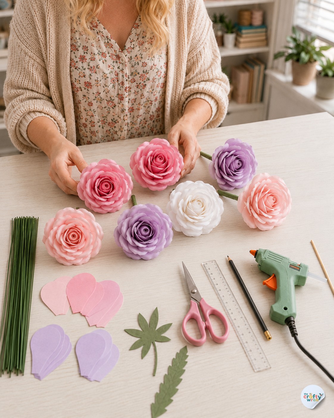 Seven completed paper roses in pink, blush, white, and lilac arranged on a wooden table
